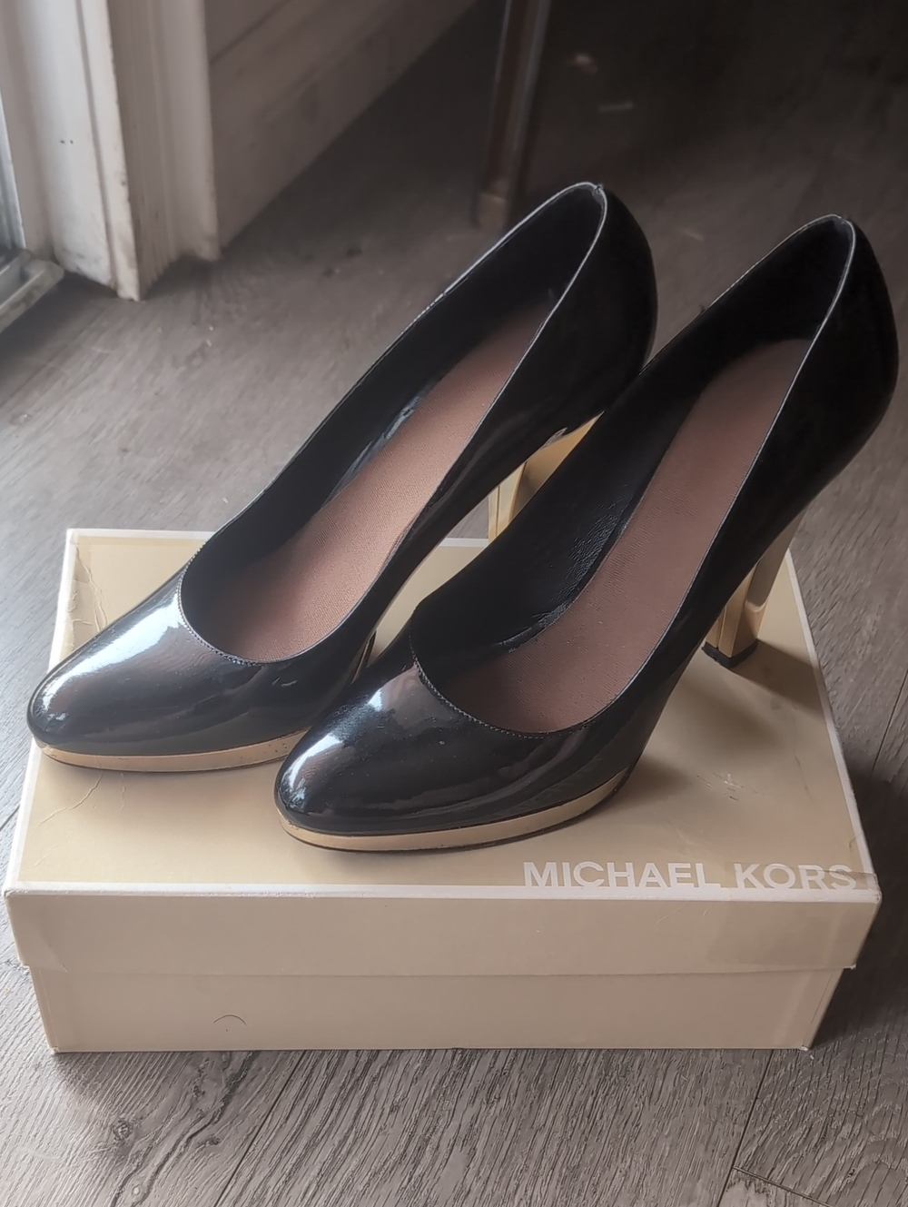 Michael Kors Black Patent Pumps with Gold Block Heel Accent